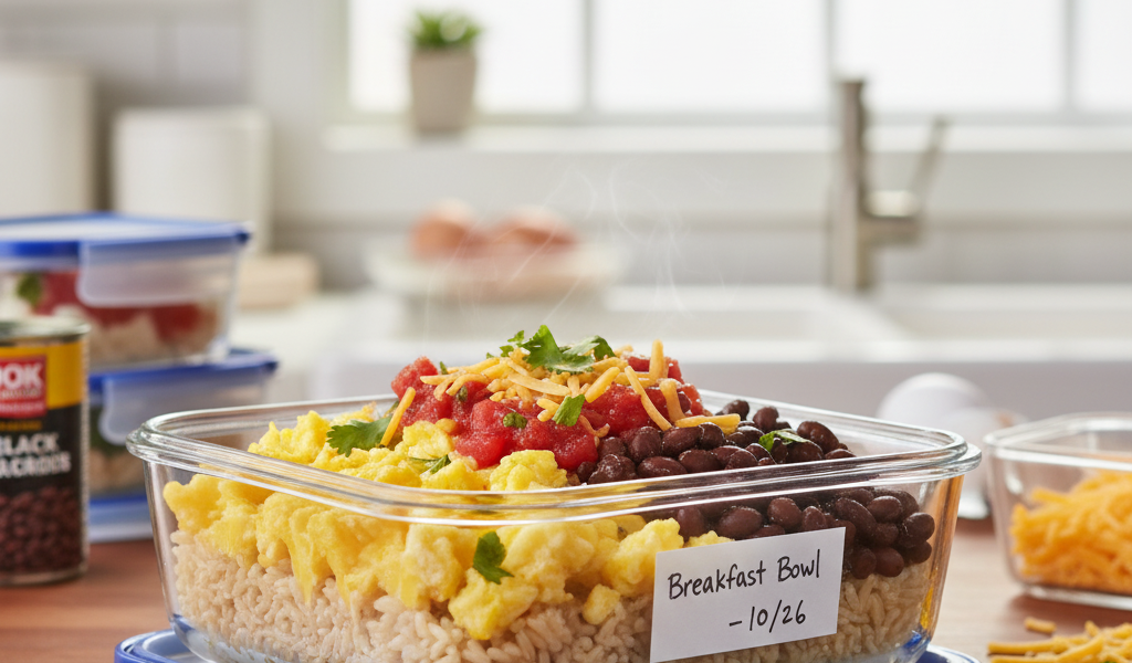 freezer friendly black bean & egg burrito bowl