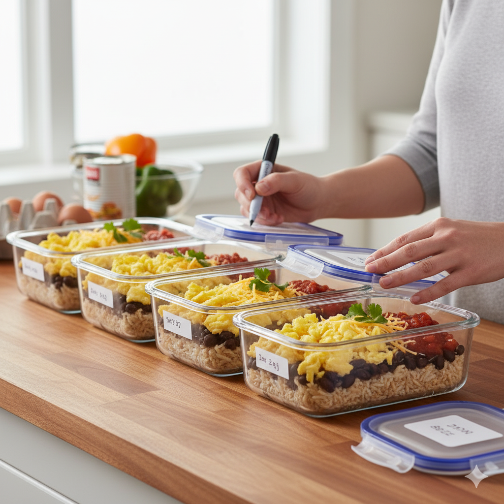 freezer friendly black bean & egg burrito bowls